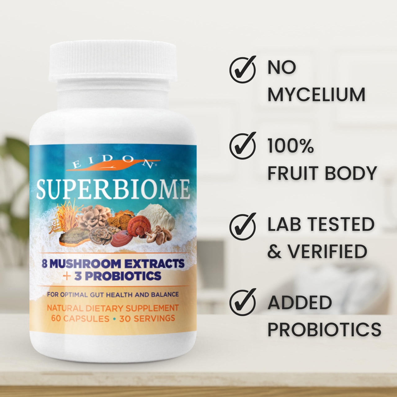 Eidon Ionic Minerals SuperBiome, Mushroom Extract Supplement, Mushroom Complex Capsules with Reishi, Chaga, Lions Mane, Cordyceps, Turkey Tail, 30 Servings