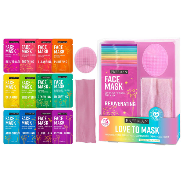 Freeman Facial Love To Mask Variety Pack: Oil Absorbing Clay, Detoxifying Charcoal, Clearing Peel Off, Hydrating Gel Cream, Exfoliating Scrub (14 Piece Kit with Bonus Buffer and Headband)