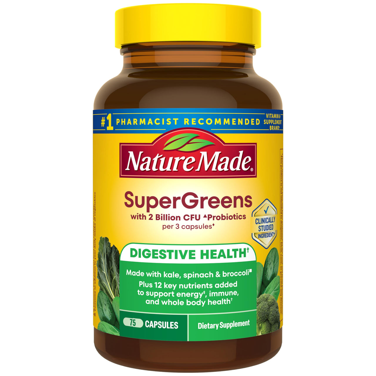 Nature Made Super Greens with Probiotic Capsules, Made with 1/2 Cup Veggies Per Serving + Probiotics for Digestive Health, 75 Capsules, 25 Day Supply