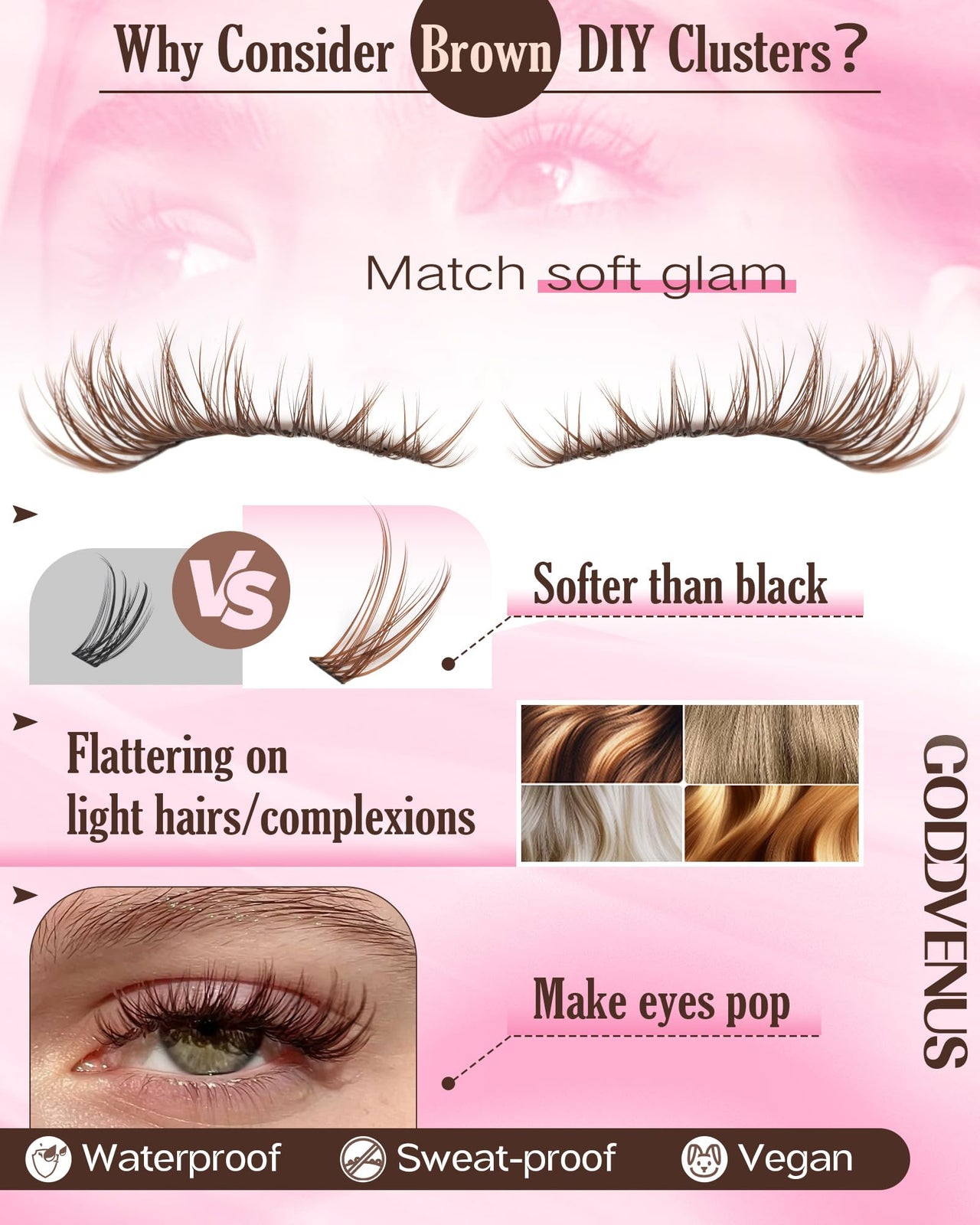 Brown Lash Clusters Kit Natural 300Pcs Wispy Lashes Cluster Eyelash Cluster Extensions Kit C Curve Individual Lashes Extensions Kit For DIY Waterproof & Long - Lasting (Light Brown10-16mm)