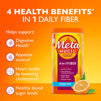 Thumbnail for Metamucil 4-in-1 Psyllium Husk GLP-1 Friendly Fiber Supplement, Sugar-Free, 114 teaspoons, Orange Flavored, Daily Fiber Powder for Digestive Health, made with Plant-Based Psyllium Husk Fiber