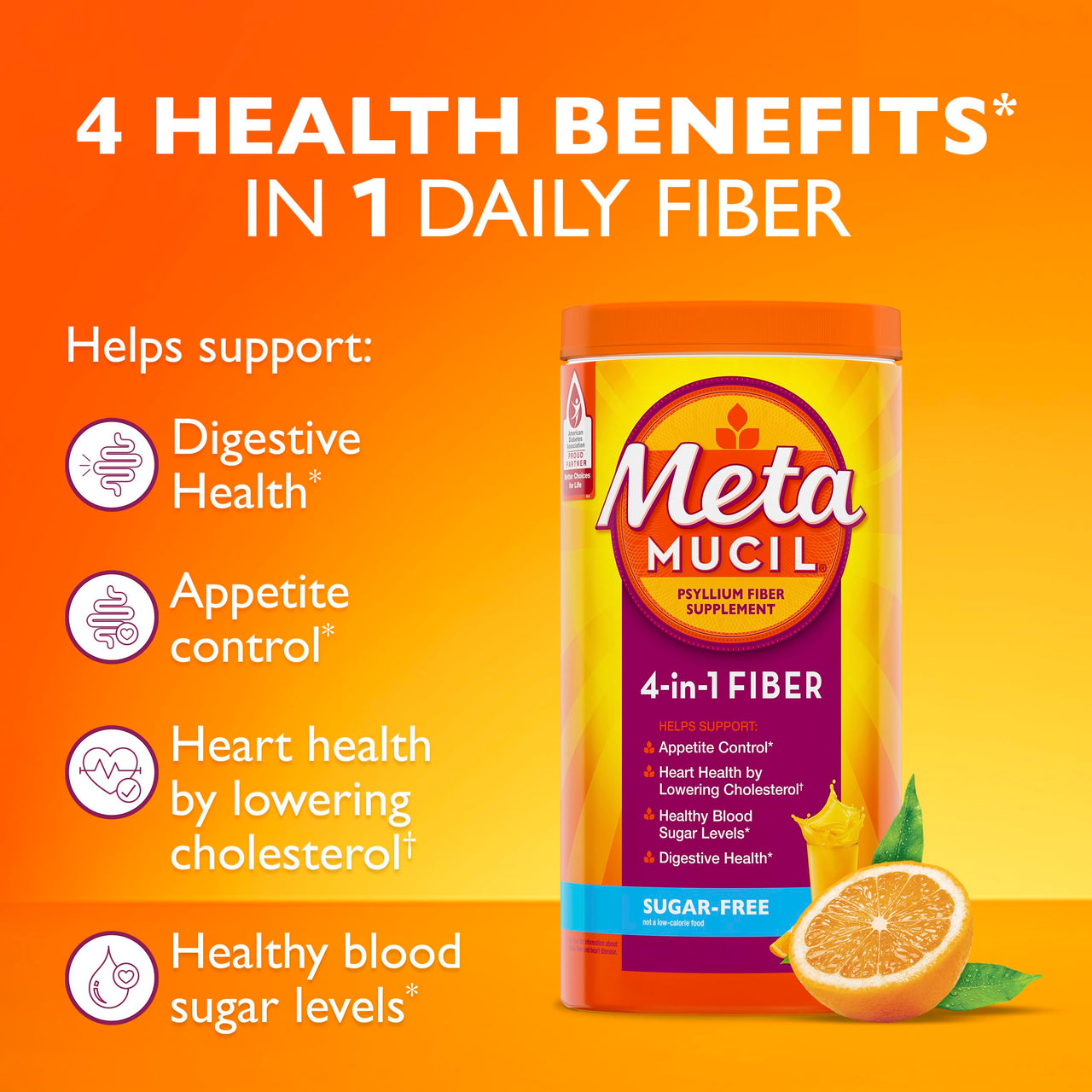 Metamucil 4-in-1 Psyllium Husk Fiber Supplement, Sugar-Free, 180 teaspoons, Orange Flavored, Daily Fiber Powder for Digestive Health, made with Plant-Based Psyllium Husk Fiber