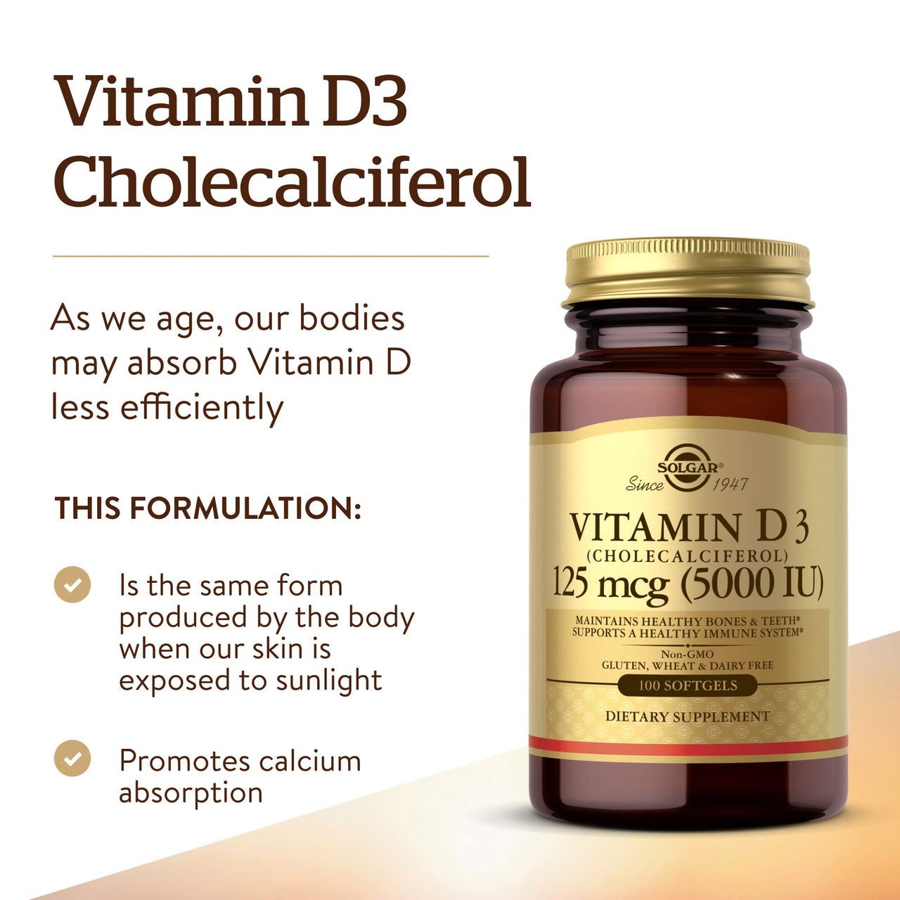 Solgar Vitamin D3 (Cholecalciferol) 125 MCG (5000 IU), 100 Softgels - Helps Maintain Healthy Bones & Teeth - Immune System Support - Non GMO, Gluten-Free, Dairy Free - 100 Servings