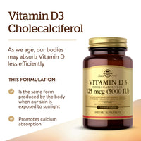 Thumbnail for Solgar Vitamin D3 (Cholecalciferol) 125 mcg (5000 IU), 100 Softgels - Helps Maintain Healthy Bones & Teeth - Immune System Support - Non-GMO, Gluten Free, Dairy Free - 100 Servings
