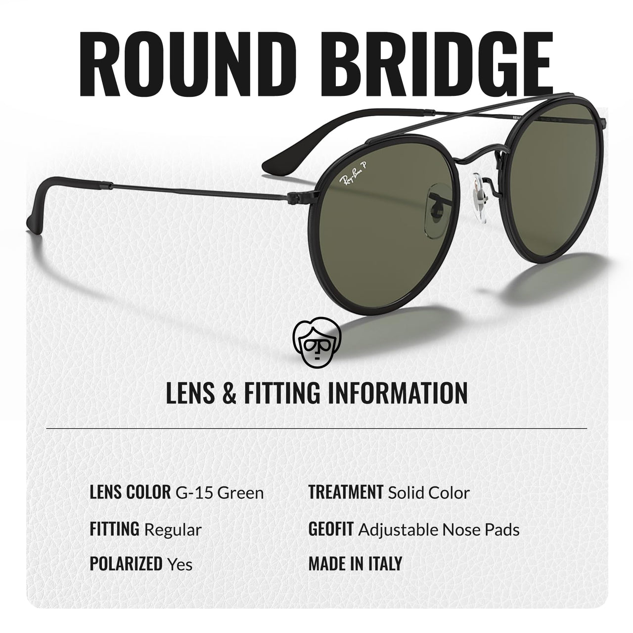 Ray-Ban RB3647N ROUND DOUBLE BRIDGE POLARIZED Round Shaped Sunglasses for Men & Women – Includes Official Rayban Eyewear Kit – Ideal Formal & Casual Wear Sunglasses – G-15 Green Lens