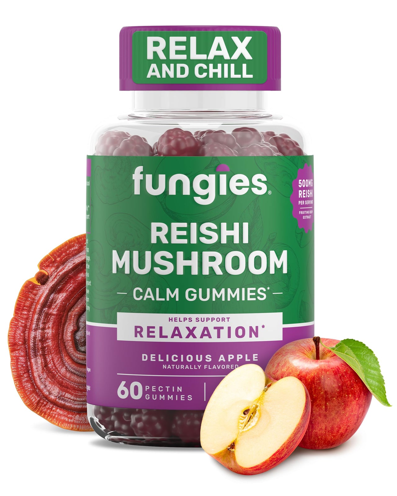 Fungies Reishi Mushroom Gummies, Delicious Apple Flavor - Mushroom Herbal Supplement Gummy for Adults Supports Immune Health, Relaxation & Healthy Aging - Calming Gummies for Sleep - 60 Servings