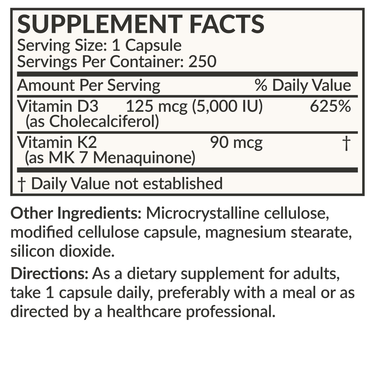 Futurebiotics Vitamin K2 (MK7) with D3 Supplement - Non-GMO Formula - 5000 IU Vitamin D3 & 90 mcg Vitamin K2 MK-7, 250 Vegetarian Capsules