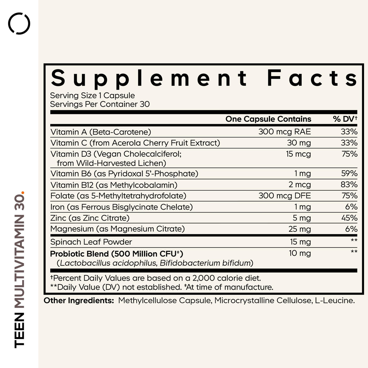 Codeage Teen Multivitamin - Vitamins A, C, D3, B6, B12, Folate, Zinc, Magnesium, Iron, Probiotics, Fermented Spinach - Multivitamins for Teenage Boys and Girls - Non-GMO, Gluten-Free - 30 Capsules
