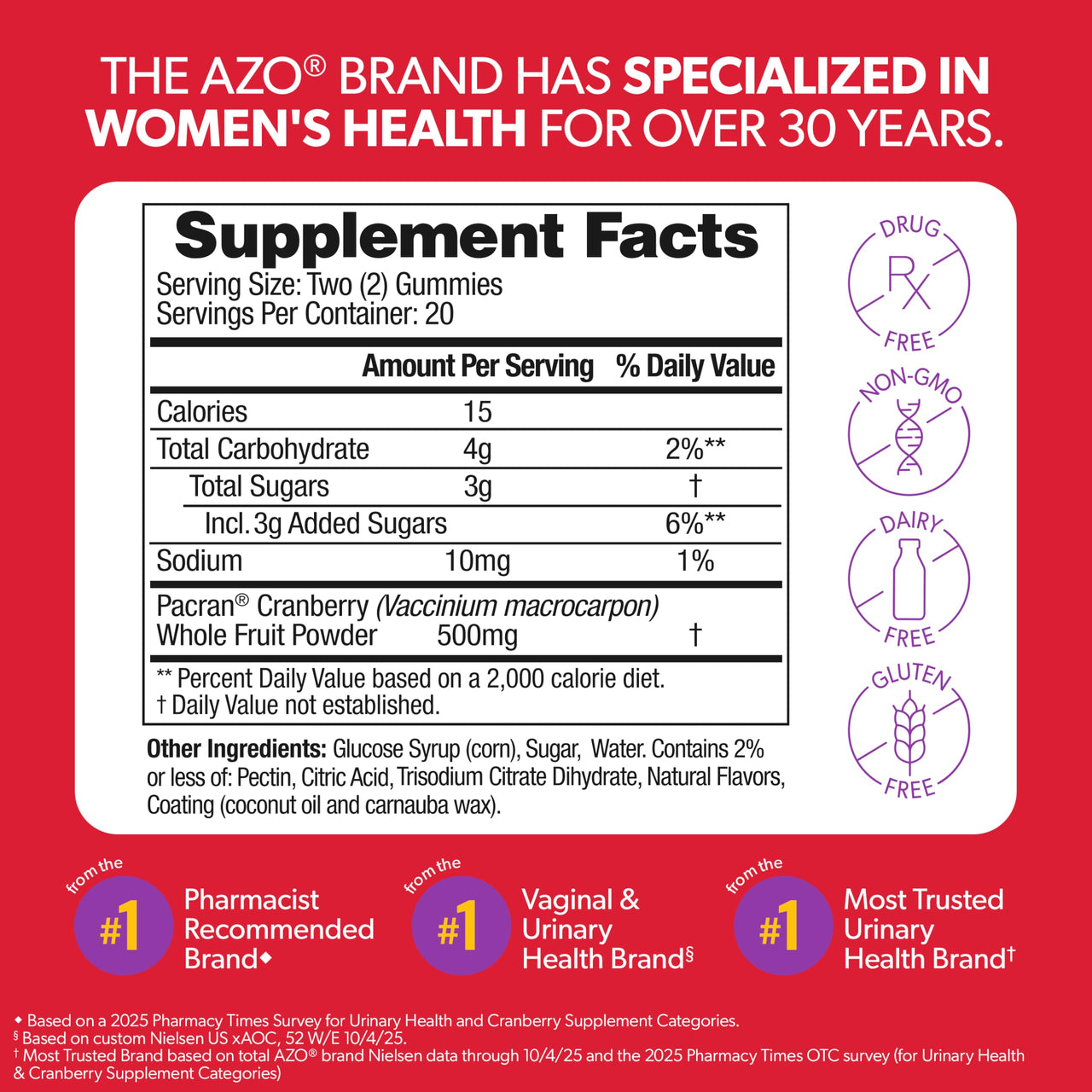 AZO Cranberry Urinary Tract Health Gummies Dietary Supplement 2 Gummies = Glass Cranberry Juice Helps Cleanse Protect Natural Berrylicious Flavor Gummies, Non-GMO, 40 Count