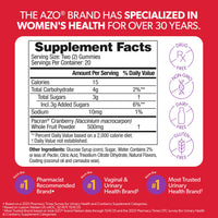 Thumbnail for AZO Cranberry Urinary Tract Health Gummies Dietary Supplement 2 Gummies = Glass Cranberry Juice Helps Cleanse Protect Natural Berrylicious Flavor Gummies, Non-GMO, 40 Count