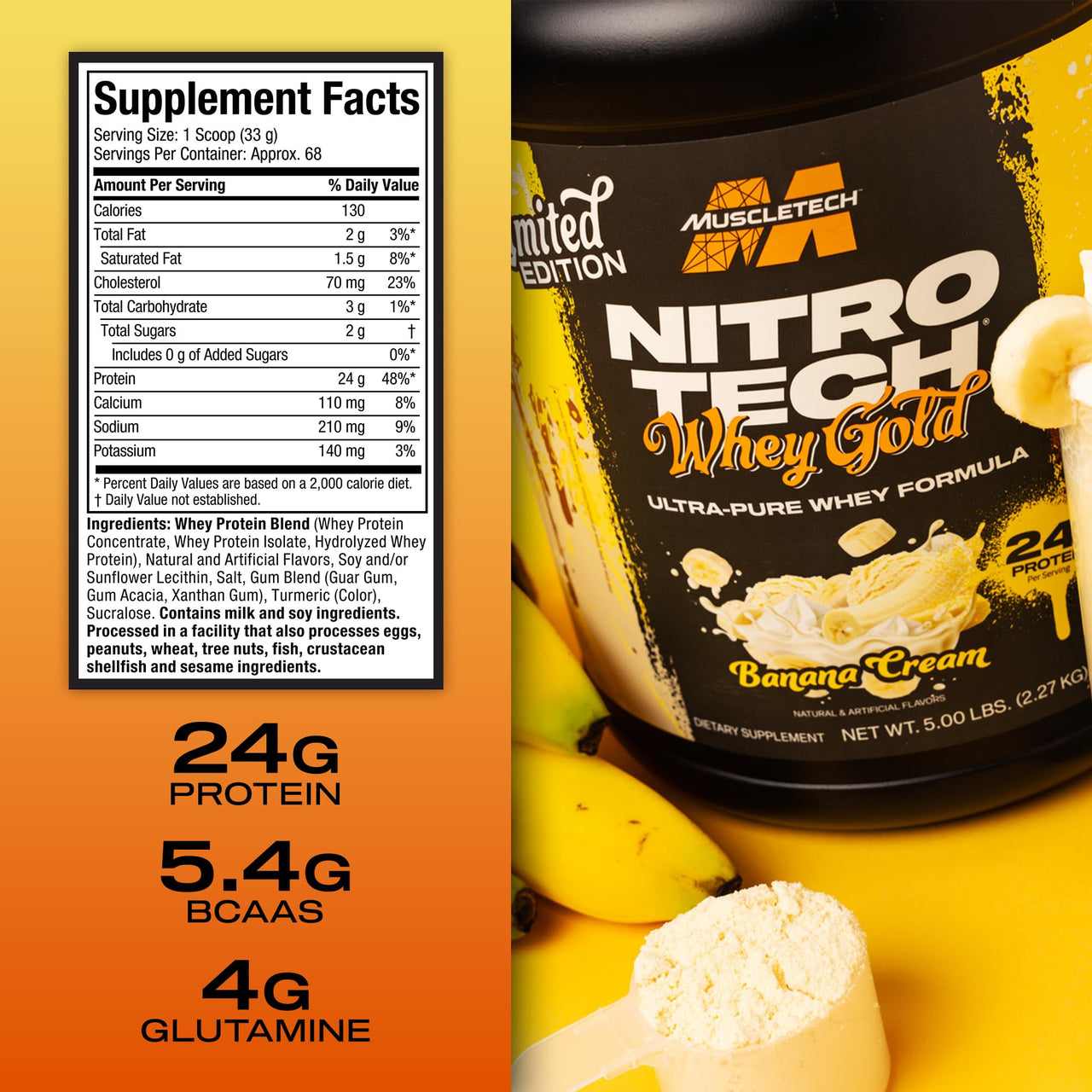 MuscleTech Whey Protein Powder (Banana Cream, 5LB) - Nitro-Tech Whey Protein Isolate Smoothie Mix for Lean Muscle & Fast Recovery - 24g of Whey Gold Protein for Women & Men - Gluten-Free