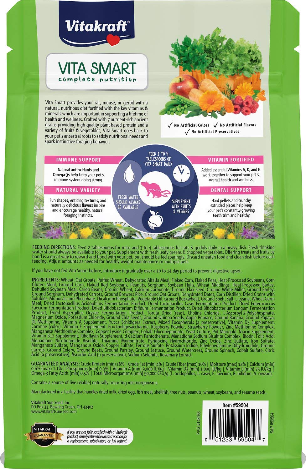 Vitakraft Vita Smart Rat Mouse and Gerbil Food 2 lb Bag with Wholesome Daily Nutrition Premium Seeds Grains Vegetables Fruits Fortified with Essential Vitamins Minerals for Small Pet Health