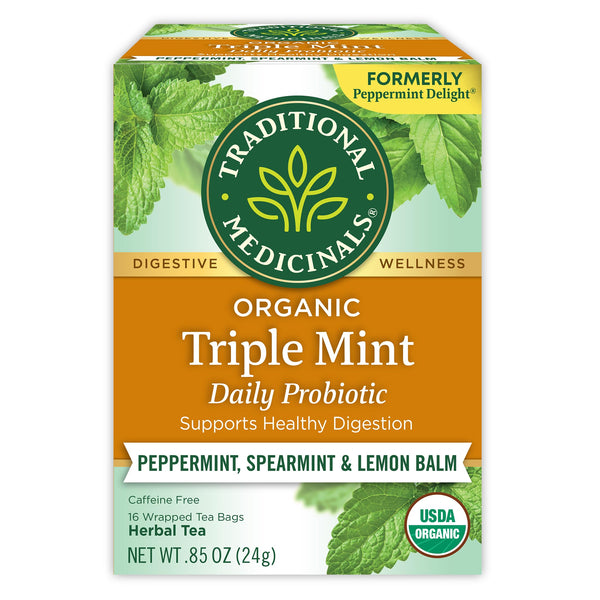 Traditional Medicinals Tea, Organic Triple Mint - Supports Healthy Digestion - Kosher, Non-GMO, Caffeine-Free - 16 Tea Bags