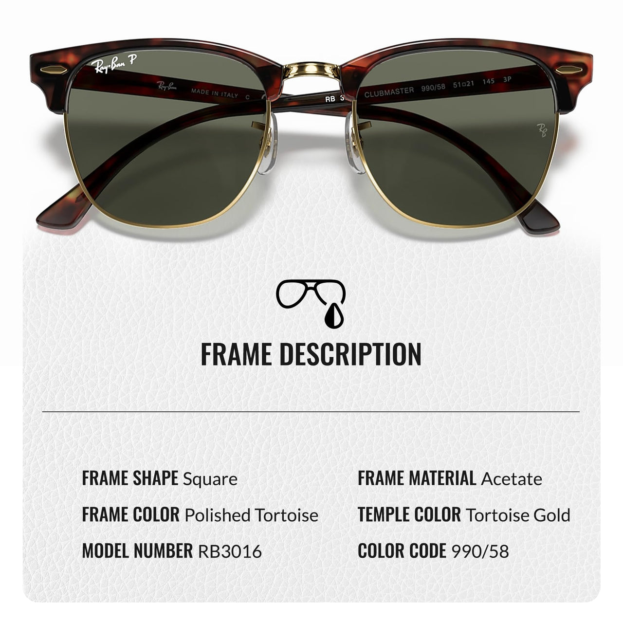 Ray-Ban RB3016 Clubmaster Polarized Classic Square Shape Sunglasses for Men and Women- Timeless Classic Sun Glasses with Modern Elegance - Premium UV Protection - Designer Men's and Women's Sunglasses