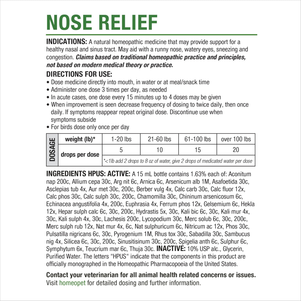 HomeoPet Nose Relief, Safe and Natural Sinus Supplement for Cats, Dogs, and Other Small Animals, 15 Milliliters
