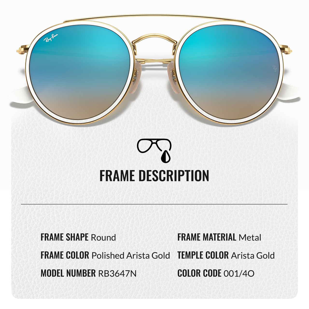 Ray-Ban RB3647N ROUND DOUBLE BRIDGE Round Shaped Non-Polarized Sunglasses for Men & Women – Includes Official RAYBAN Eyewear Kit – Ideal Formal & Casual Wear Sunglasses – Blue Flash Lens