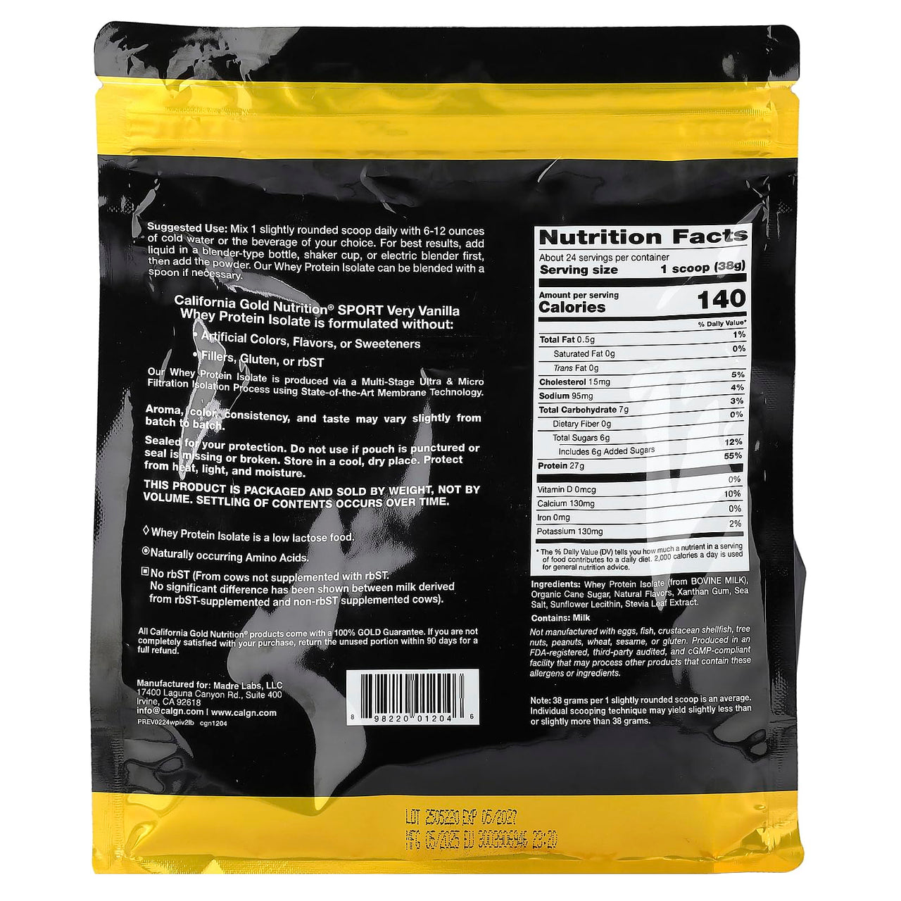 California Gold Nutrition Sport, Whey Protein Isolate with Organic Cane Sugar, with Sunflower Lecithin, Very Vanilla, 2 lb (907 g)