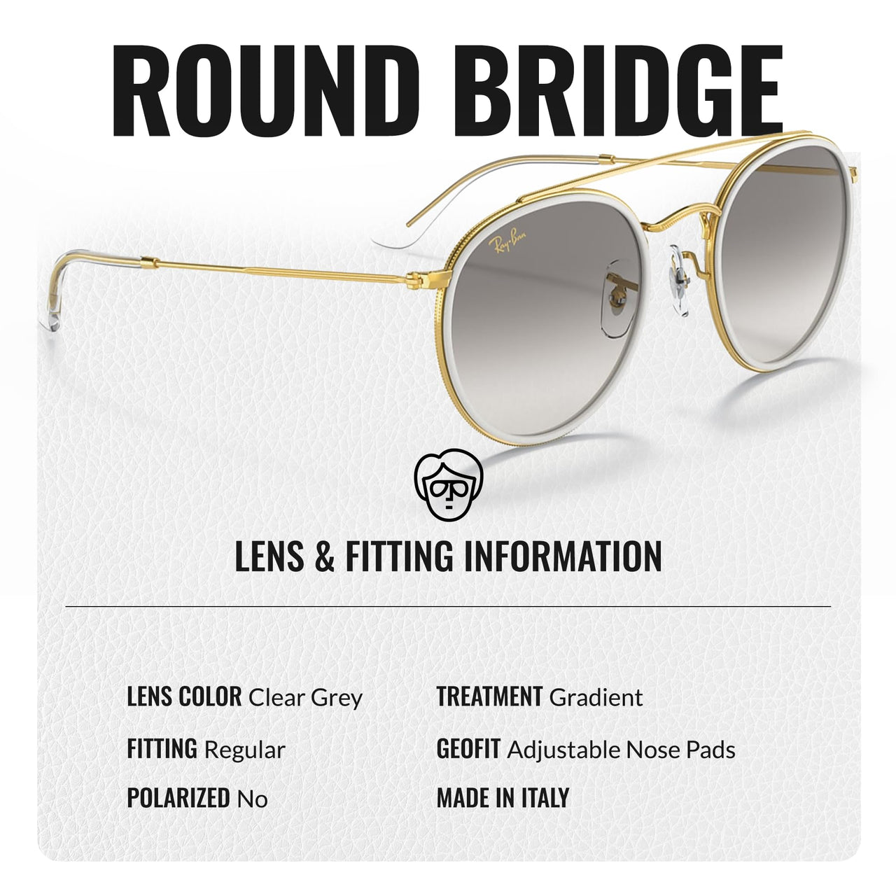 Ray-Ban RB3647N ROUND DOUBLE BRIDGE Round Shaped Non-Polarized Sunglasses for Men & Women – Includes Official RAYBAN Eyewear Kit – Ideal Formal & Casual Wear Sunglasses – Clear Grey Lens