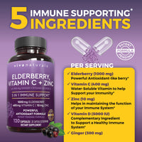 Thumbnail for Viva Naturals Elderberry with Vitamin C and Zinc for Adults - 5 in 1 Sambucus Black Elderberry Capsules with Vitamin D3 5000 IU Immunity Supplement, Sambucus Elderberry Immune Support Supplement