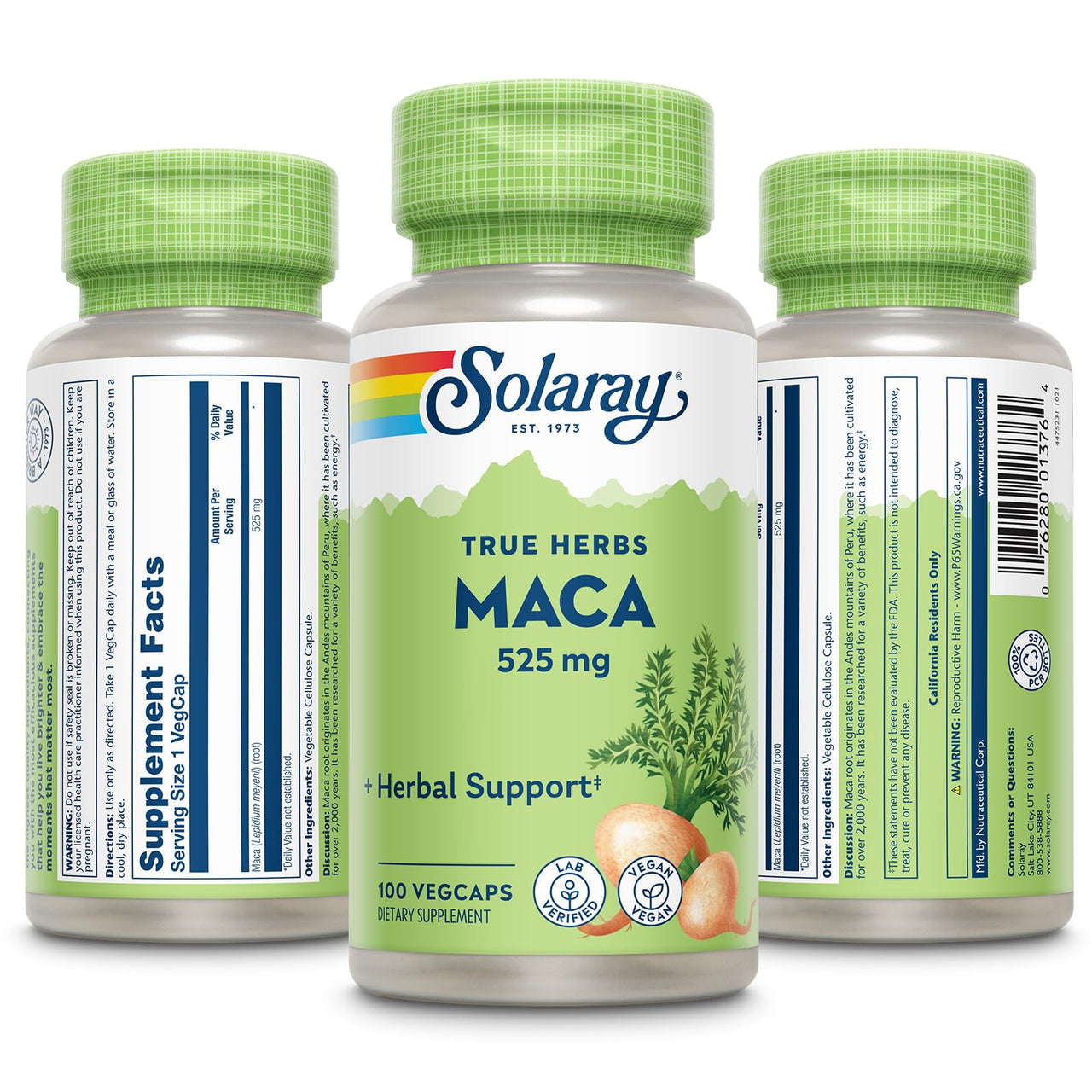 SOLARAY Maca Root 525mg, Energy & Vitality Support, Non-GMO, Vegan, 100 VegCaps