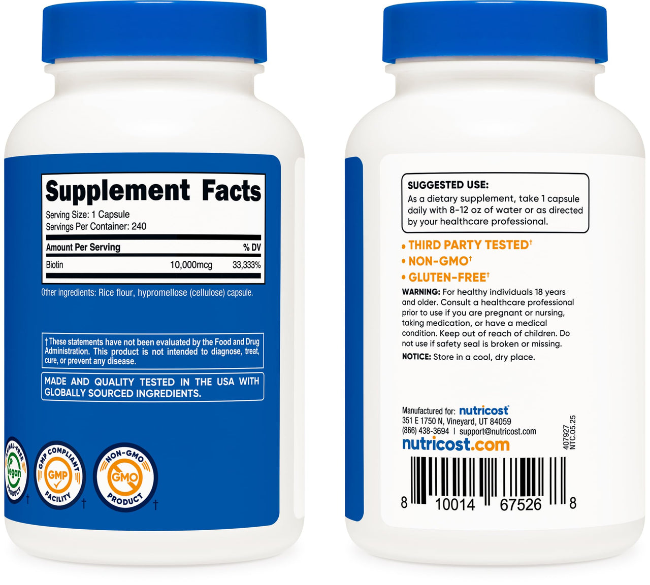 Nutricost Biotin (Vitamin B7) 10,000mcg (10mg) Vitamin Supplement, 240 Capsules - Vegetarian, Gluten Free, Quick Release, Non-GMO