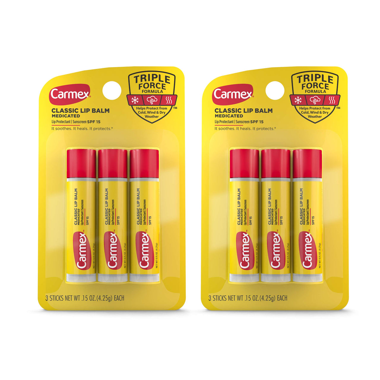 Carmex Medicated Lip Balm Sticks, Lip Moisturizer for Dry, Chapped Lips, 0.15 OZ - (2 Packs of 3)