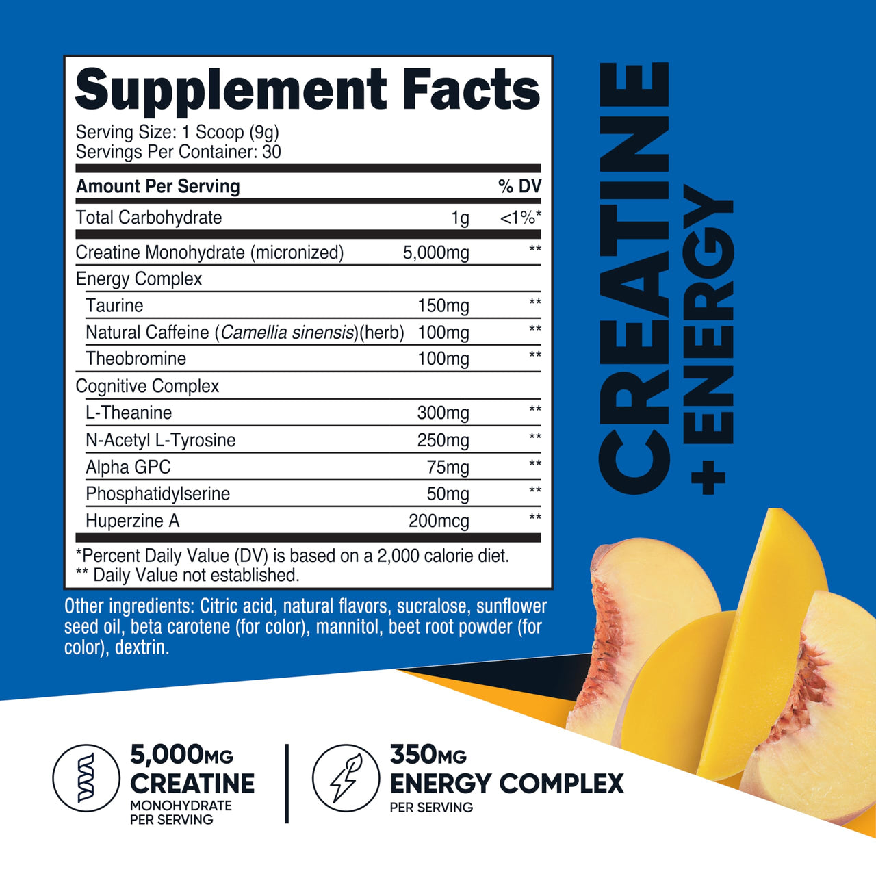 Nutricost Creatine + Energy 30 Servings (Peach Mango Flavored) - 5,000mg Creatine Monohydrate + 350mg Energy Complex Per Serving