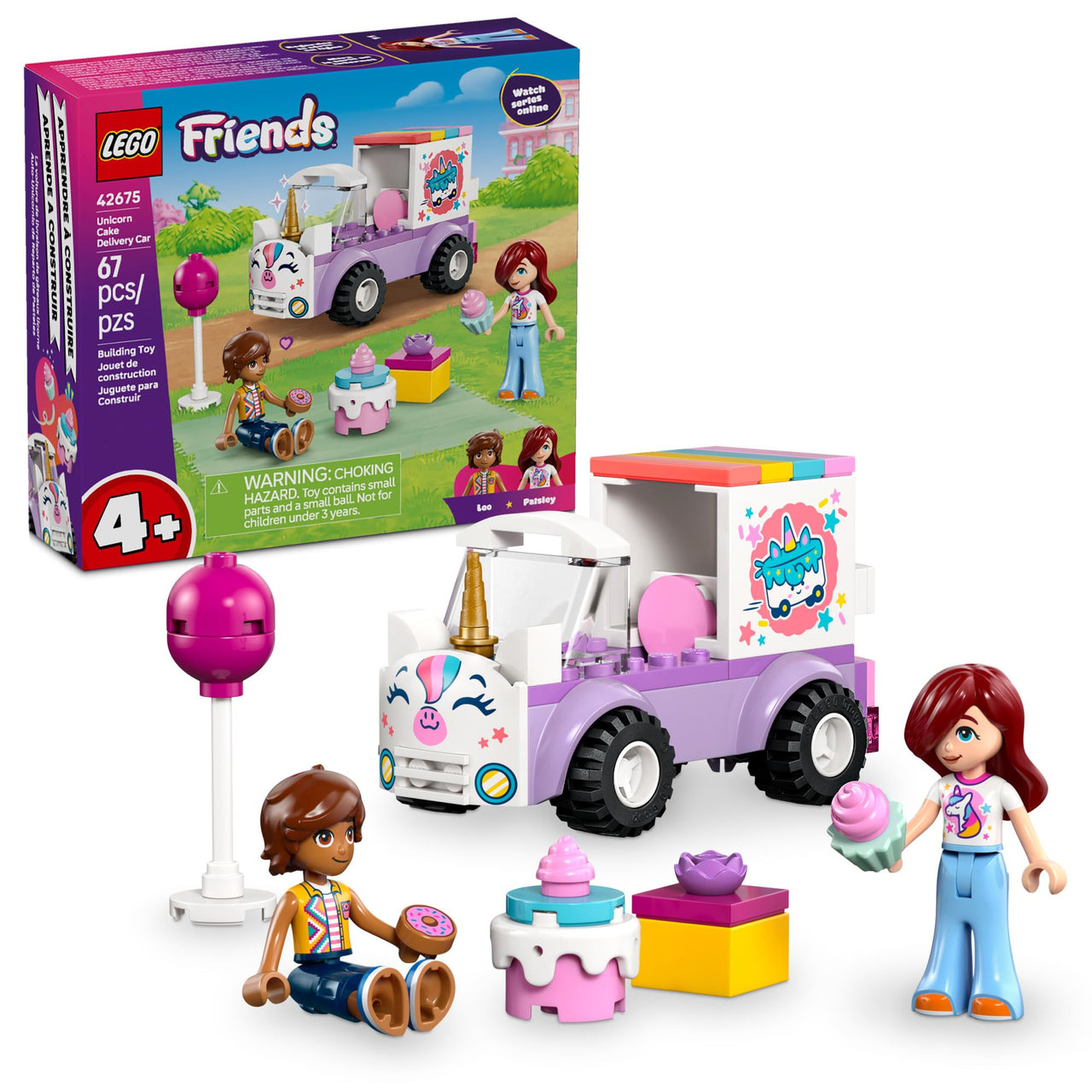 LEGO Friends Unicorn Cake Delivery Car Building Toy for Girls & Boys - Pretend Play Set for Preschool Kids, Ages 4+ - W/Paisley & Leo Minidolls & Accessories - Gift Idea for Birthdays - 42675