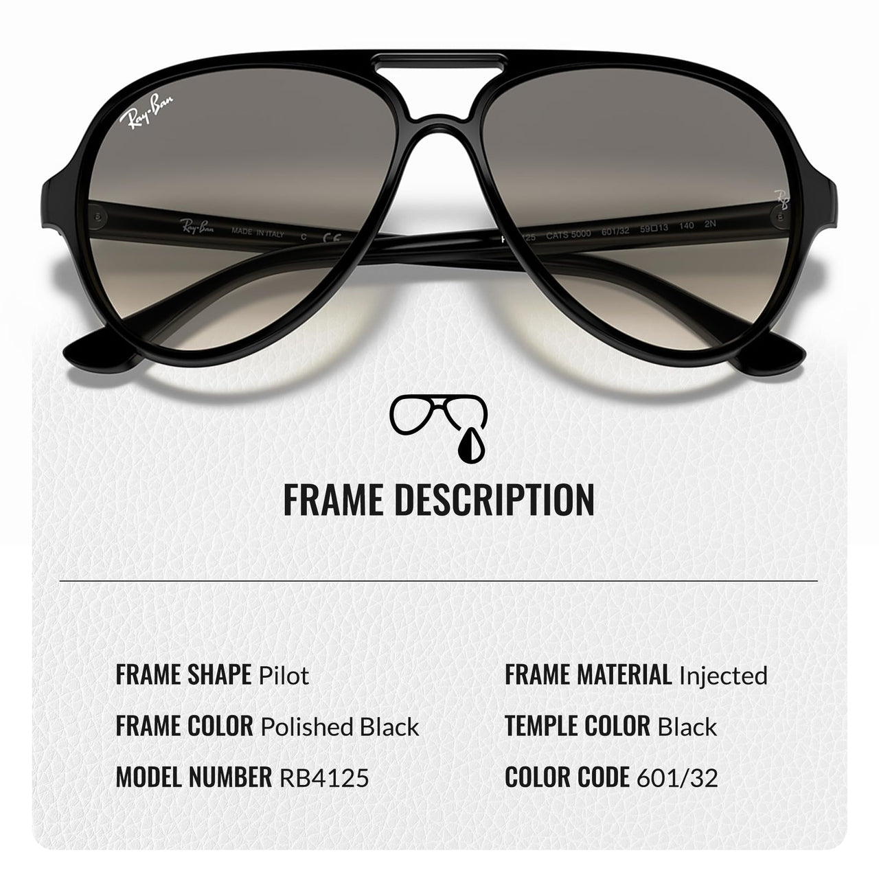 Ray-Ban RB4125 CATS 5000 CLASSIC Pilot Shaped Non-Polarized Sunglasses for Men – Includes Official RAYBAN Eyewear Kit – Ideal Formal & Casual Wear Sunglasses – Light Grey Gradient Lens