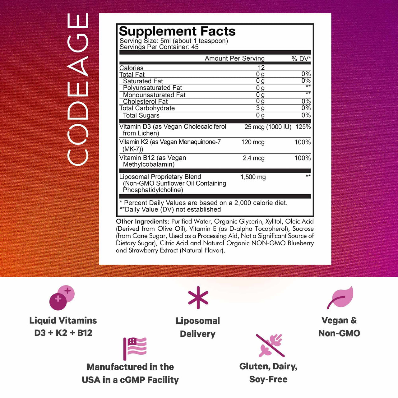 Codeage Liposomal Wonder-D, Vegan Cholecalciferol Vitamin D3 1000 IU Liquid Drops Supplement, Plant-Based Vitamins B12 & K2, Non-GMO Sunflower Phospholipids, Vitamin E, Mixed Berry Flavor, 7.6 fl oz
