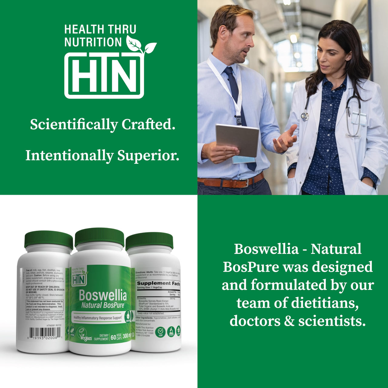 Health Thru Nutrition Boswellia 300mg 60 Capsules as Bospure AKBAMAX | High Potency 75% Boswellic Acids 10% AKBA | Healthy Mobility Support | Vegan Certified | Non-GMO, Gluten Free, Soy Free