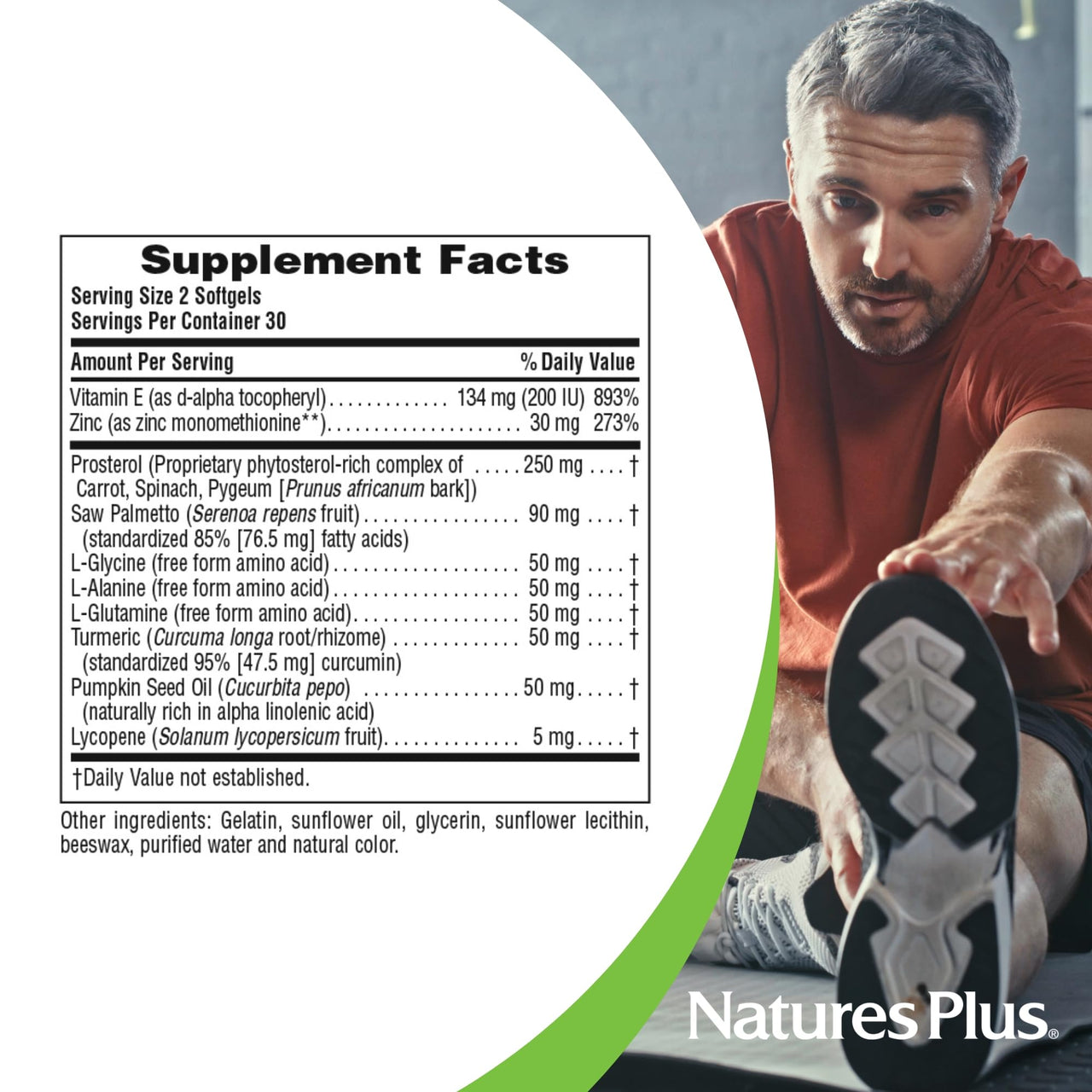 NaturesPlus Herbal Actives ProstActin - 200 iu Vitamin E, 60 Softgels - Healthy Prostate Gland Support, with Saw Palmetto, Pygeum & Pumpkin Seed Oil - Gluten-Free - 30 Servings