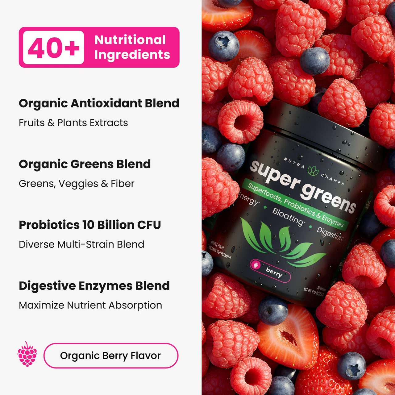 NutraChamps Super Greens Powder Premium Superfood | 20+ Organic Green Veggie Whole Foods | Wheat Grass, Spirulina, Chlorella & More | Antioxidant, Digestive Enzyme & Probiotic Blends