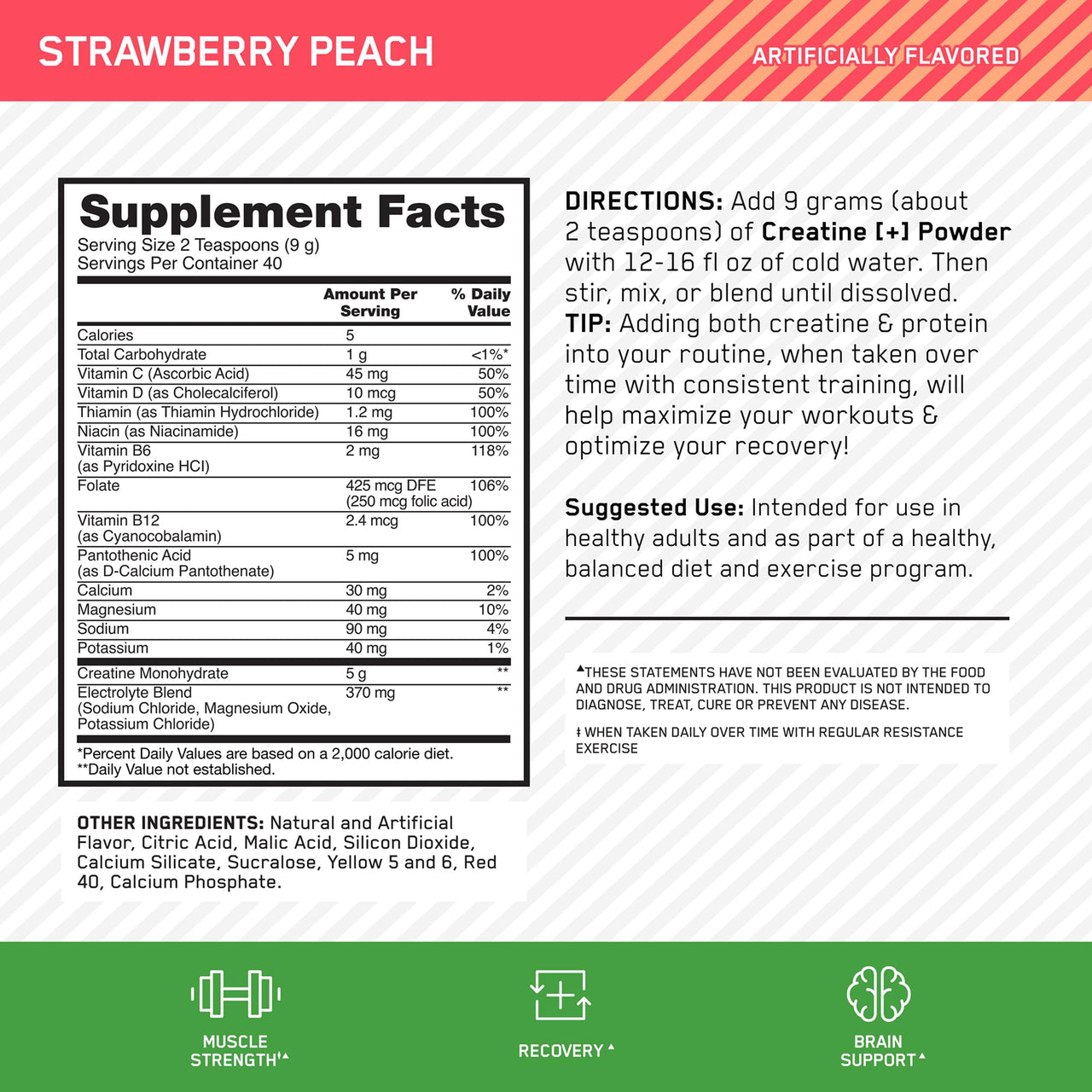 Optimum Nutrition Creatine Monohydrate Plus Powder, Strawberry Peach Flavored Creatine Performance Blend, with Electrolytes for Hydration, Added Vitamins, 40 Servings, 360 Grams (Packaging May Vary)