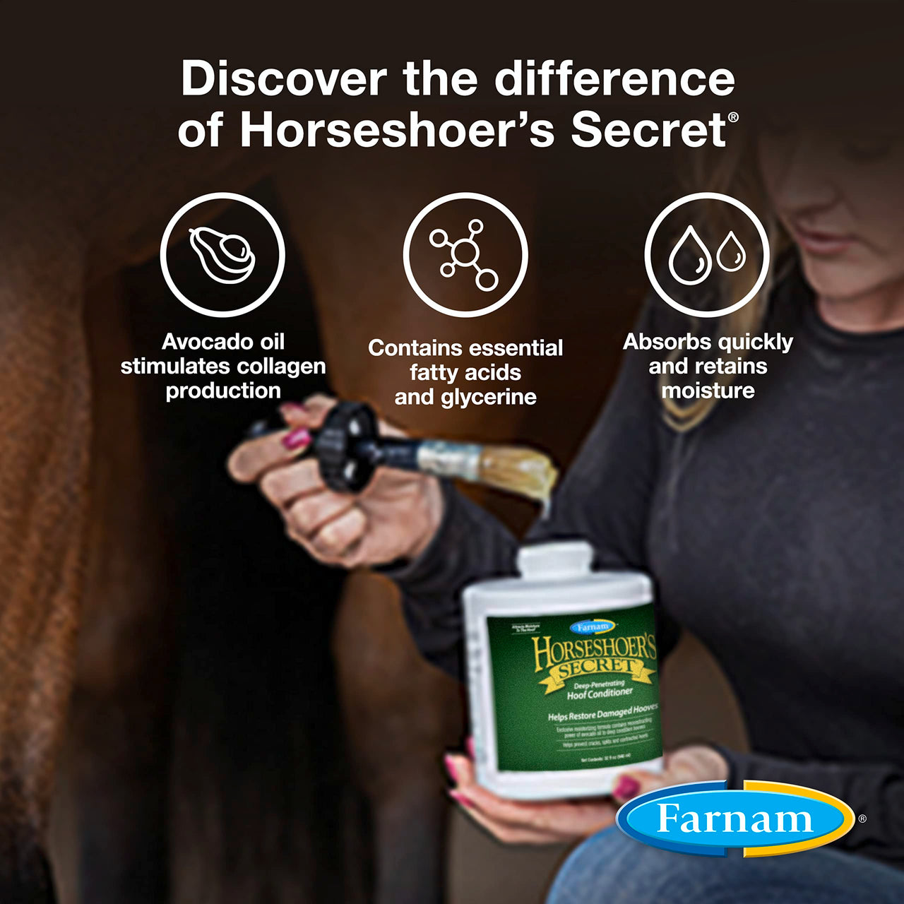 Farnam Horseshoer's Secret Deep-Penetrating Hoof Oil for Horses, Conditions Dry Hooves, Prevents Cracks, Splits & Contracted Heels, Contains Avocado, Glycerine & Mineral Oils, Fast Absorbing, 32 Oz