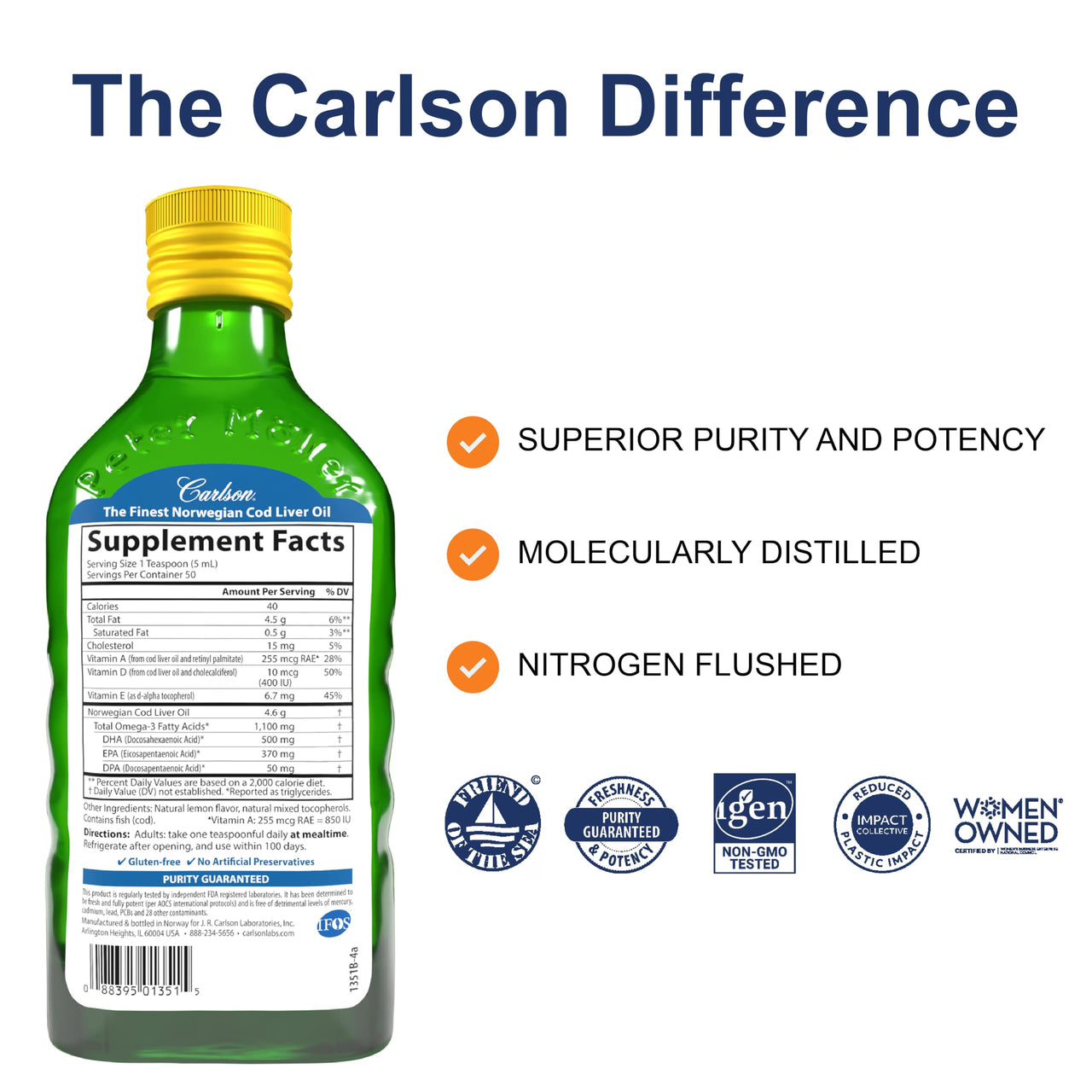 Carlson - Cod Liver Oil, 1100 mg Omega-3s, Liquid Fish Oil Supplement, Wild-Caught Norwegian Arctic, Sustainably Sourced Nordic Liquid, Lemon, 250 ml