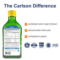 Thumbnail for Carlson - Cod Liver Oil, 1100 mg Omega-3s, Liquid Fish Oil Supplement, Wild-Caught Norwegian Arctic, Sustainably Sourced Nordic Liquid, Lemon, 250 ml