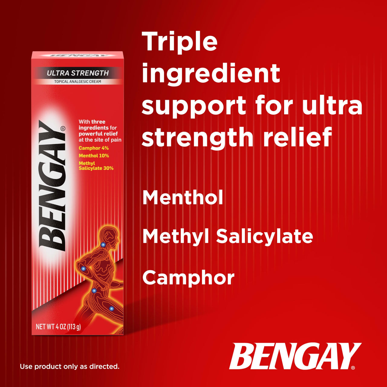 Bengay Ultra Strength Topical Pain Relief Cream, Non-Greasy Topical Analgesic for Minor Arthritis, Muscle, Joint and Back Pain, Camphor, Menthol and Methyl Salicylate, 4 OZ