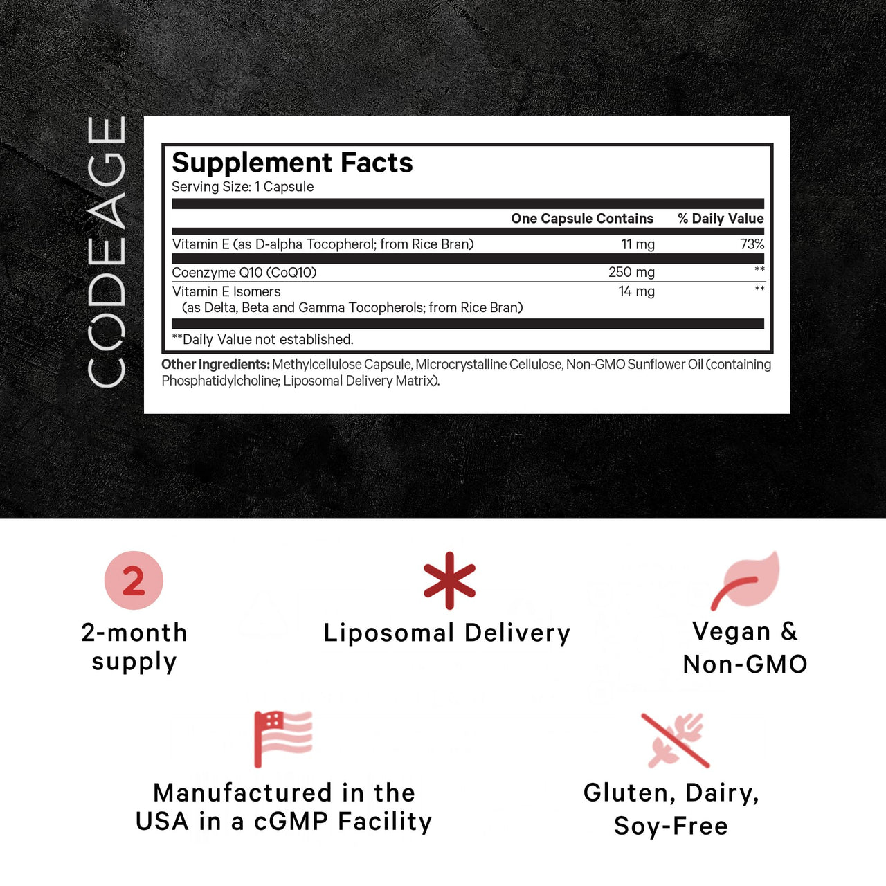 Codeage Liposomal CoQ10 Max Supplement - 250 mg Coenzyme Q10 with Vitamin E Isomers Tocopherols - 2-Month Supply - 1 Capsule Per Serving - Liposomal Delivery - Non-GMO, Gluten-Free - 60 Capsules