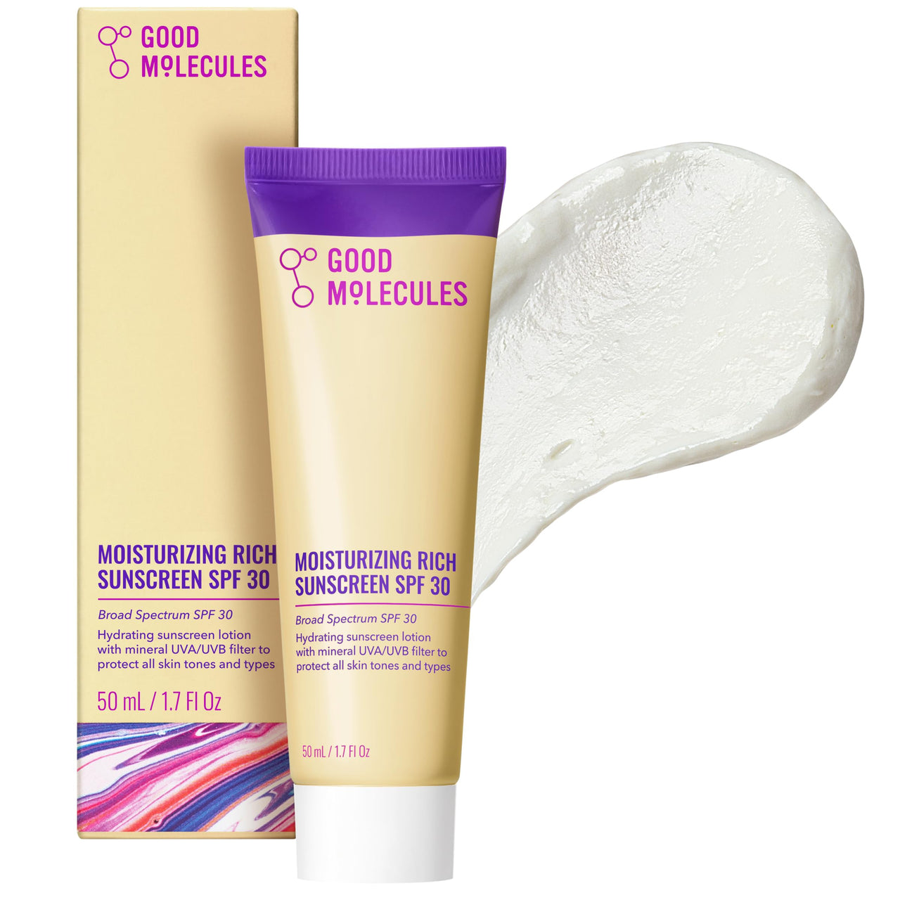 Good Molecules Moisturizing Rich Sunscreen SPF 30 – Mineral Zinc Oxide Face Sunscreen - Hydrating, Fragrance-Free, No White Cast | Broad Spectrum UVA/UVB Protection - 50 ml / 1.7 fl oz