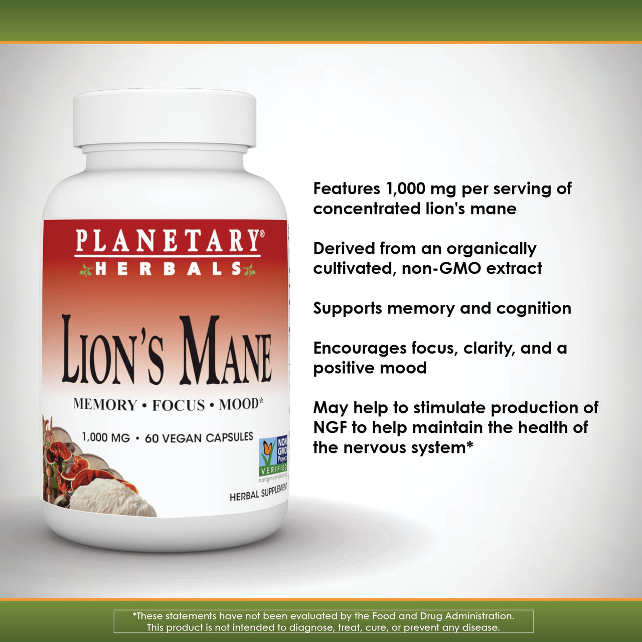 Planetary Herbals Lion's Mane, for Memory, Focus, and Mood*, 1,000 mg - 60 Vegan Capsules