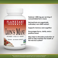 Thumbnail for Planetary Herbals Lion's Mane, for Memory, Focus, and Mood*, 1,000 mg - 60 Vegan Capsules
