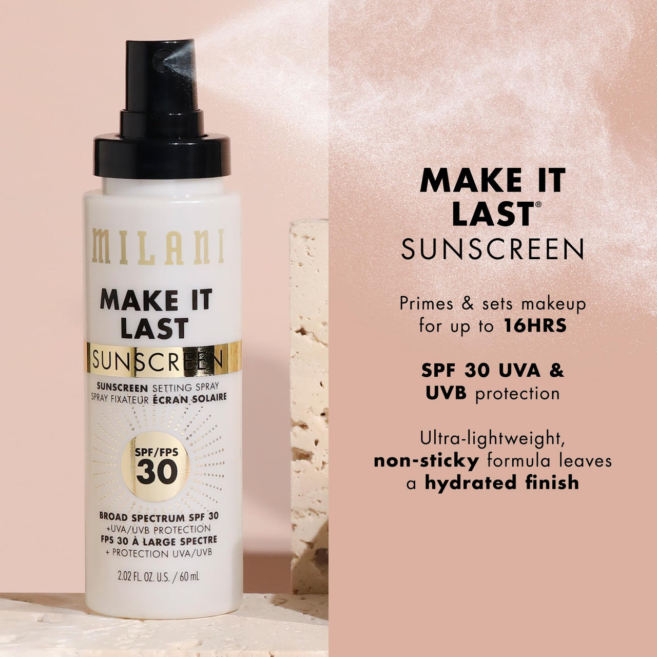 Milani Sunscreen Setting Spray + Primer, Make It Last Sunscreen for Face- SPF 30 UVA & UVB Protection Antioxidant Rich Formula for Broad Spectrum Protection, Prime + Set + Protect, 2.02Fl. Oz - 2 Pack