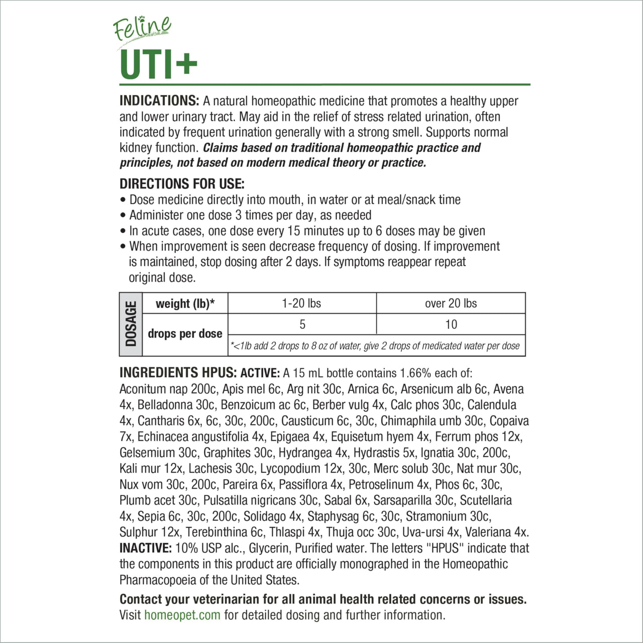 HomeoPet Feline UTI+, Safe and Natural Urinary Tract Supplement for Cats, Feline Urinary Tract Support, 15 Milliliters