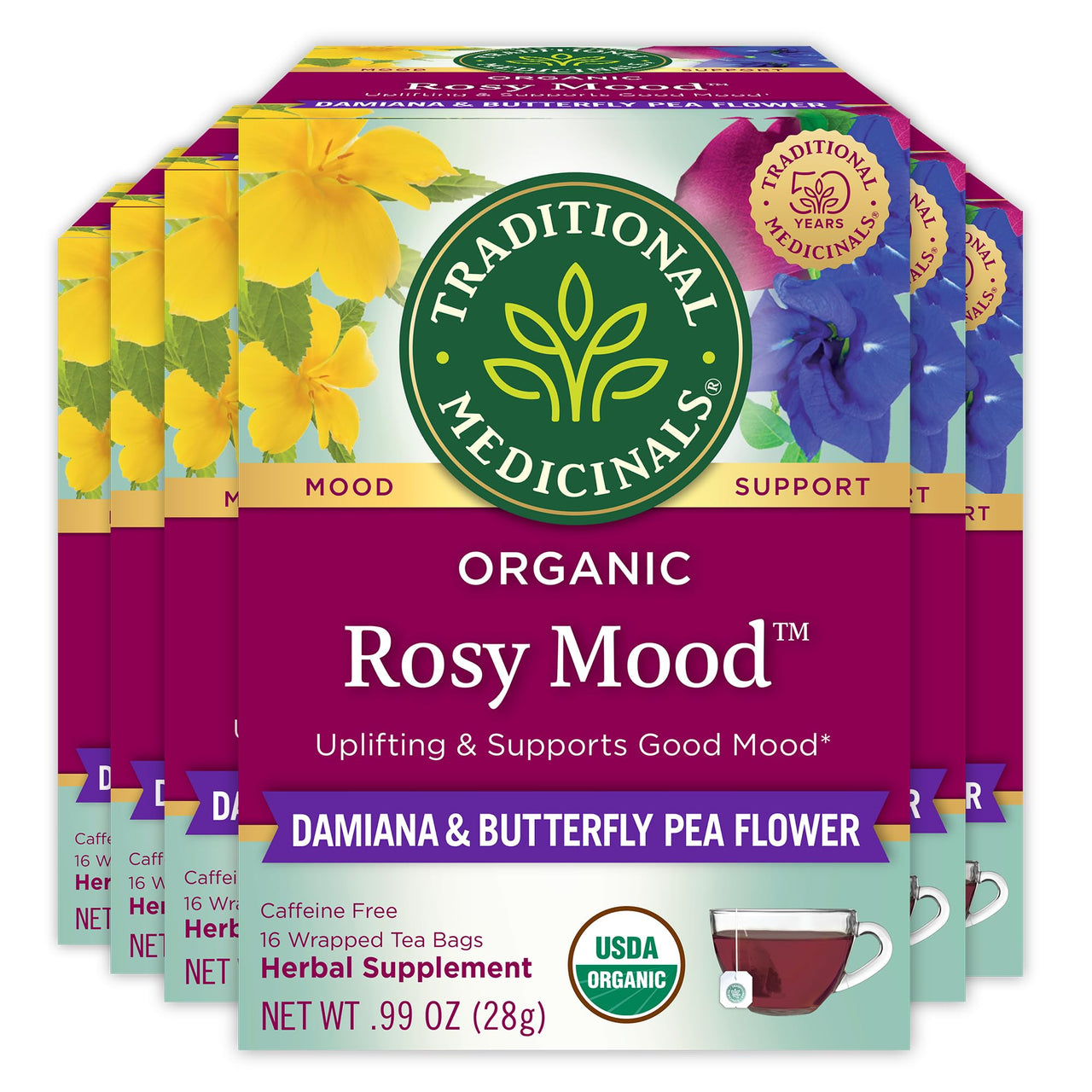 Traditional Medicinals Organic, Rosy Mood, Damiana & Butterfly Pea Flower - Uplifting Mood Support - Kosher, Non-GMO, Caffeine-Free, Compostable - 96 Tea Bags (6 Packs of 16)