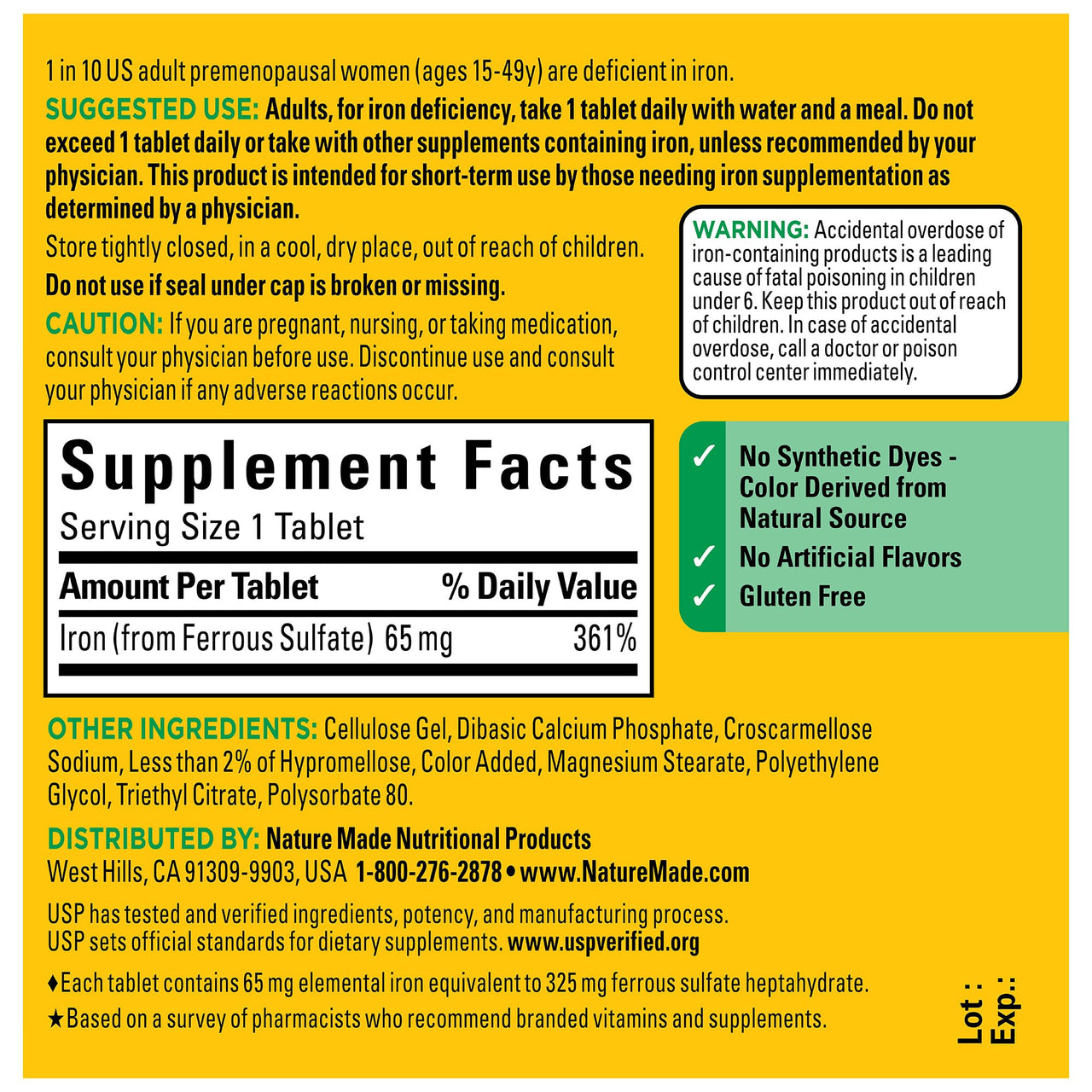 Nature Made Iron 65 mg (325 mg Ferrous Sulfate) Tablets, Iron Supplements, Dietary Supplement for Red Blood Cell Support, 180 Tablets, 180 Day Supply