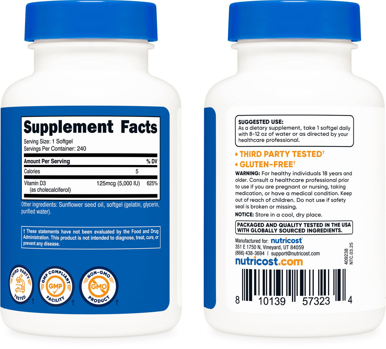 Nutricost Vitamin D3 5,000 IU (125mcg), 240 Softgels - Non-GMO and Gluten Free Vitamin D