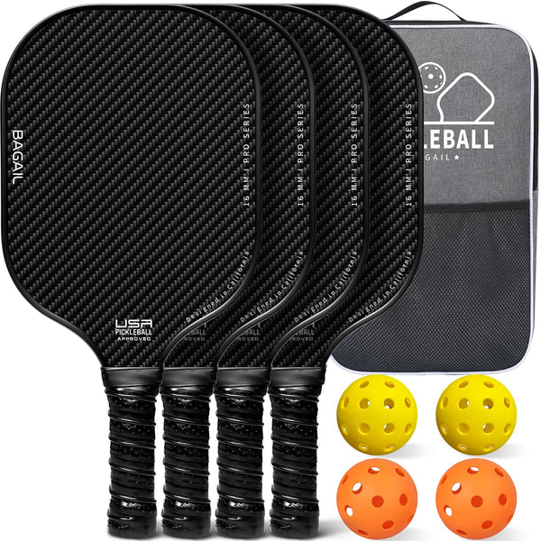 BAGAIL Pickleball Paddles, USAPA Approved Fiberglass Surface Pickleball Set, Lightweight Pickle Ball Rackets with 4 Balls, 1 Bag, Designed in California for Traction and Stability - 4 Pack, Black