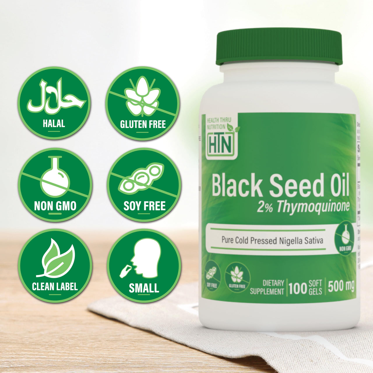Health Thru Nutrition Black Seed Oil 500mg 100 Softgels | High Potency 2% Thymoquinone | 3rd Party Tested | Pure Cold Pressed | Organically Grown | Non-GMO, Gluten Free, Soy Free