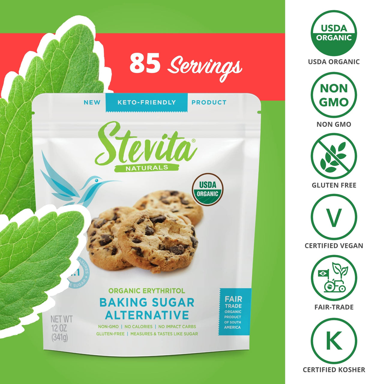 Stevita Organic Erythritol Bake-It-Better Pouch - 12 oz - Baking Sugar Alternative with Stevia & Erythritol, No Calories - USDA Organic, Non-GMO, Vegan, Keto, Paleo, Gluten Free